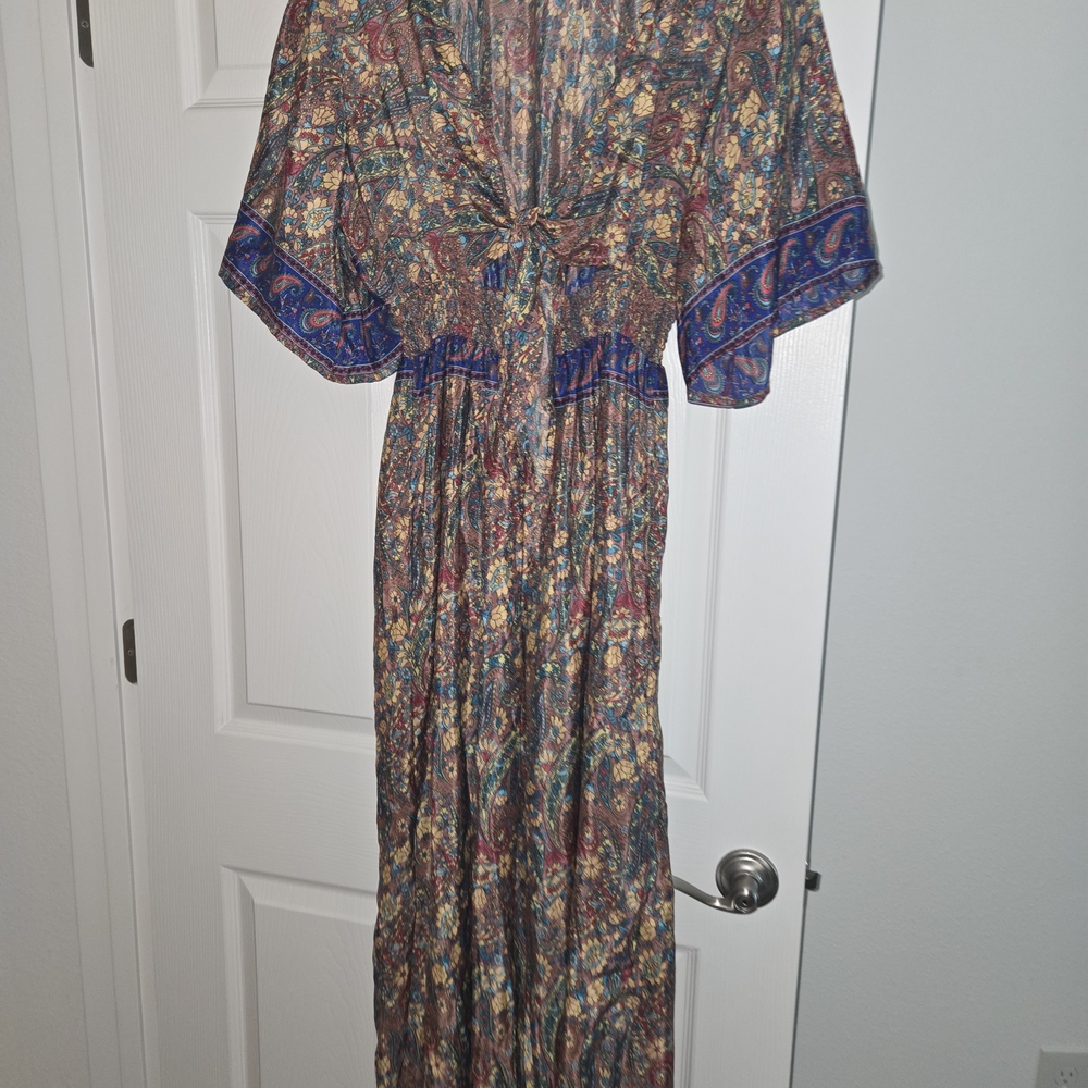 Bohemian Paisley Maxi Dress with Blue Accents